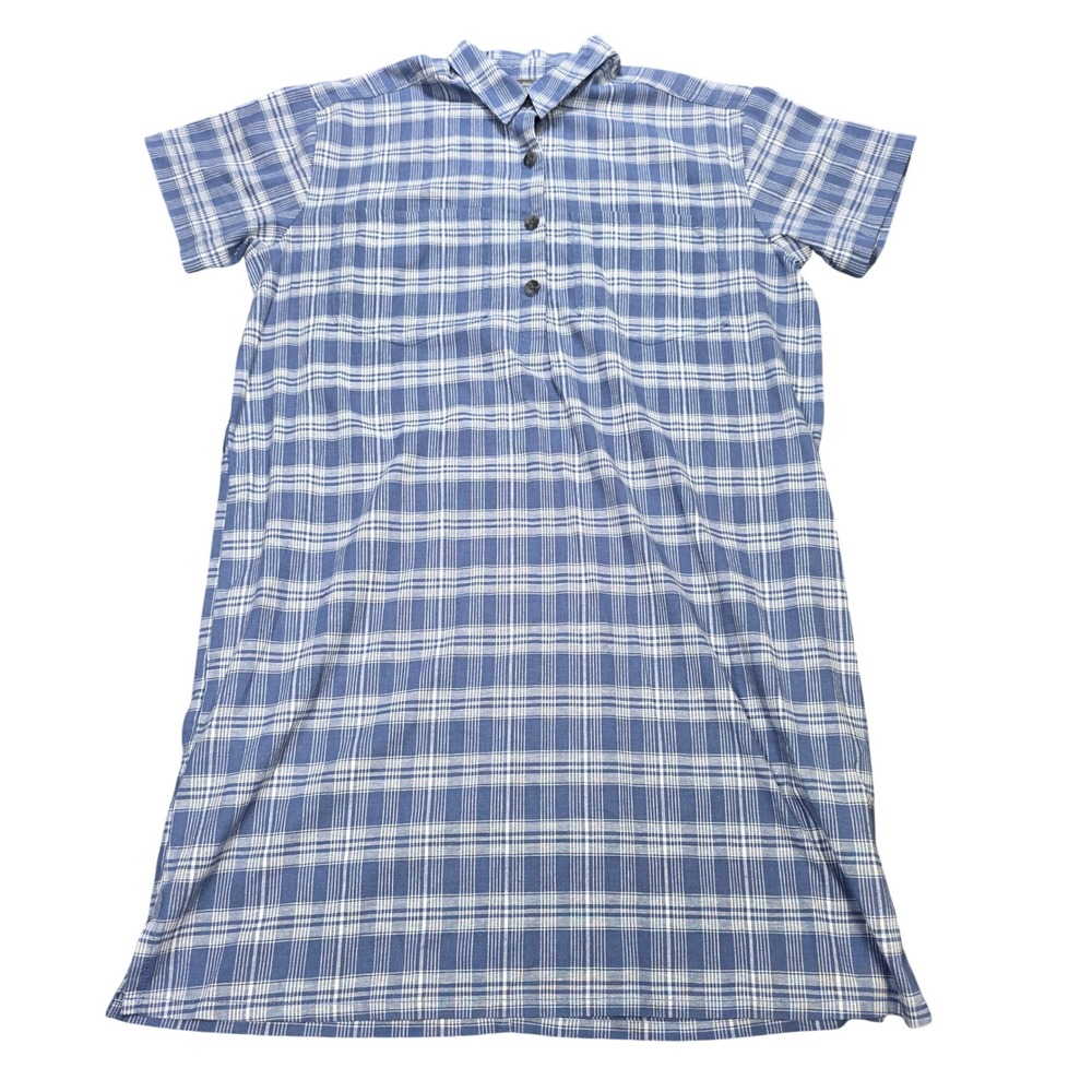 Eddie Bauer Hemp Blend Shirtdress Women's Size M Blue Plaid Short Sleeve Buttons